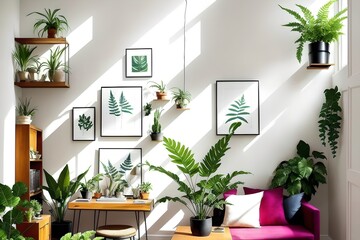 Modern lit cozy interior with potted plants and sitting area with desk and marble floor, windows with natural light and fans.