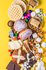 Assortment of Unhealthy Food, top view, copy space. Unhealthy eating, junk food concept.