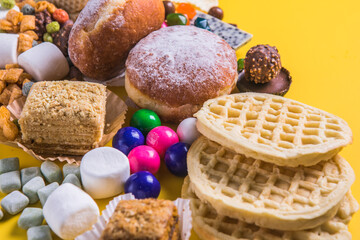 Assortment of Unhealthy Food, top view, copy space. Unhealthy eating, junk food concept.