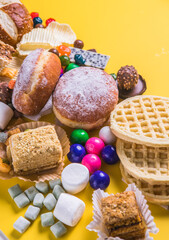 Assortment of Unhealthy Food, top view, copy space. Unhealthy eating, junk food concept.