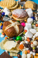 Assortment of take out and fast foods.  Overhead view close up, Selection of bad fat sources