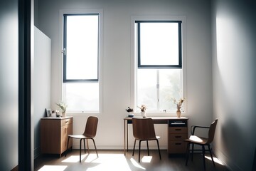 Cozy, Modern home workplace sitting area with desk and plants and a couch and wood floor, windows with natural light rays and long shadows.
