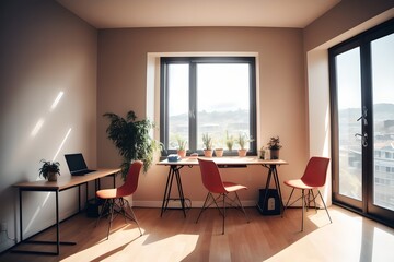 Cozy, Modern home workplace sitting area with desk and plants and a couch and wood floor, windows with natural light rays and long shadows.
