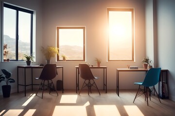 Cozy, Modern home workplace sitting area with desk and plants and a couch and wood floor, windows with natural light rays and long shadows.
