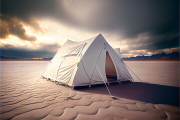 White tent isolated in the desert sand, salt flats, cloudy skies, generative ai