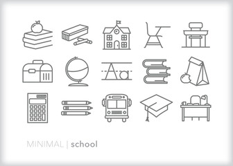 Set of school line icons of items students see or use when they go to class