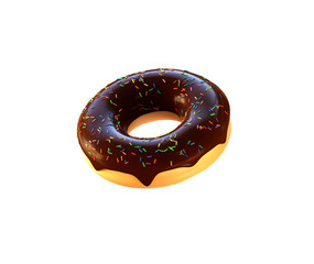 Fototapeta na wymiar A doughnut with shiny brown chocolate icing and colorful sprinkles. Side view.. PNG