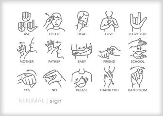 Set of common ASL (American Sign Language) words depicted as line icons © Picture Window