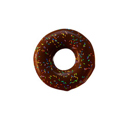 A doughnut with shiny brown chocolate icing and colorful sprinkles. Top view. PNG