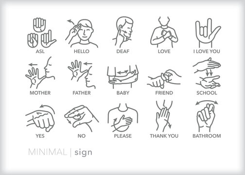 Set of common ASL (American Sign Language) words depicted as line icons