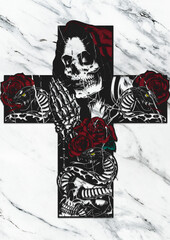 Cross with rose and skulls