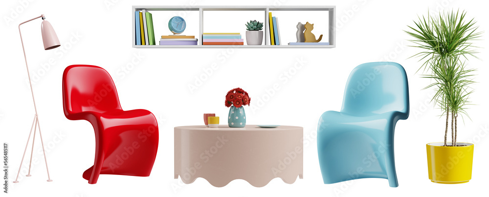 Poster set of modern interior design elements vol. 1. colorful furniture isolated on transparent background