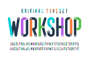 Condensed colorful alphabet design, original style, trendy characters set.