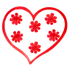 Red watercolor heart with flowers isolated on transparent background.