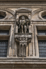 Architectural fragments of City Hall of Paris (Hotel de Ville de Paris) neo-renaissance style building - seat of the Paris City Council since 1357. Paris, France.