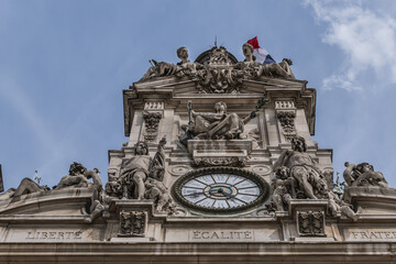 Architectural fragments of City Hall of Paris (Hotel de Ville de Paris) neo-renaissance style building - seat of the Paris City Council since 1357. Paris, France.