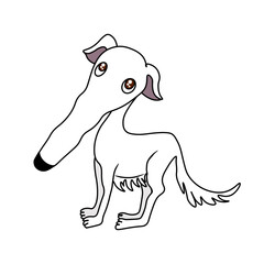 White borzoi dog meme. Stylized cartoon illustration of the long muzzled dog. Handmade drawing traced with crooked lines. Vector isolated on transparent background. 
