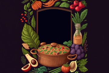 Cookbook cover for healthy food. dark background with copy space for title. Generative AI Illustration