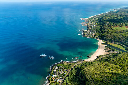 Helicopter overview of Waimea Bay on north shore of Oahu
