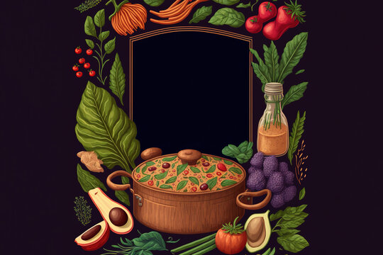 Cookbook cover for healthy food. dark background with copy space for title. Generative AI Illustration