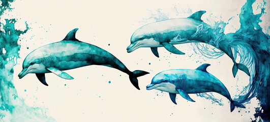Watercolor effect dolphin in blue colors over white background. Landscaped composition. Generative AI Illustration