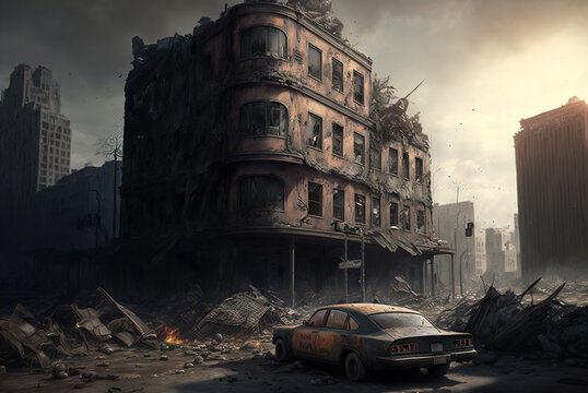Apocalyptic view of destroyed city buildings, post apocalypse after world war, generative AI.