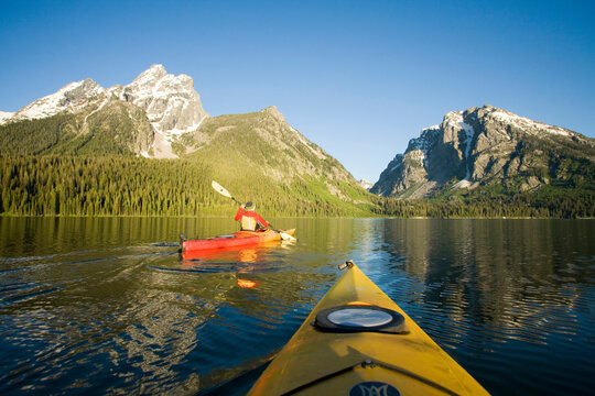 Kayaking on Jackson Lake. Grand Teton National Park, WY