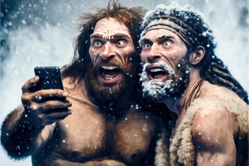 Two Neanderthals Sapiens very excited taking a selfie in the snow. Generative AI