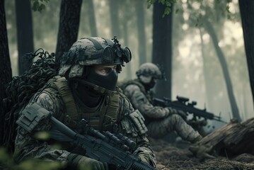 Fototapeta na wymiar Soldiers waiting in a forest and foggy in the background (no real people - Game) - generative ai