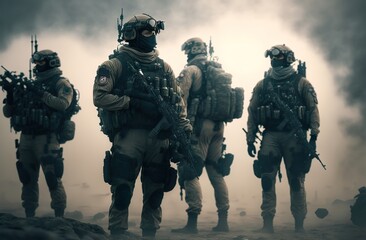 Fototapeta premium AI generated soldiers in action and smoke in the background (no real people - Game)