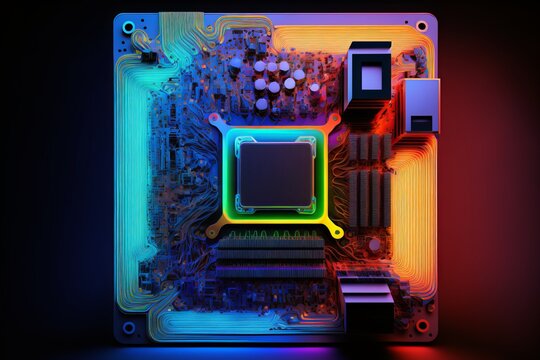 Future Chip Hardware Device in Neon Colors -  Processor - Ai Generated