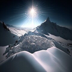 Beautiful Ice crystal formation on top of a Swiss Mountain - displayed on a sunny winter's day - Artwork generated with AI