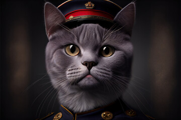 Portrait of a cat in a military uniform ready serve and protect, on a dark background, generative ai
