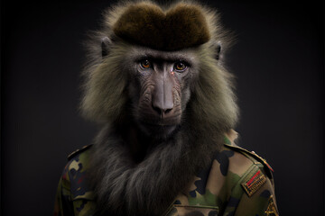 Portrait of a baboon in a military uniform ready serve and protect, on a dark background, generative ai