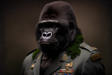 Portrait of a Gorilla in a military uniform ready serve and protect, on a dark background, generative ai