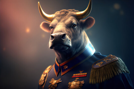 Portrait of a bull in a military uniform ready to serve and protect, on a dark background, generative ai