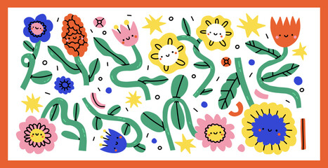 Cute funny kawaii smile face flowers set collection.Vector cartoon kawaii character illustration design. Positive smile face,garden bundle set concept. Funny happy daisy with eyes and smile.