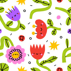 Colorful kawaii flower seamless pattern illustration.Children style floral doodle background, funny basic nature shapes wallpaper. Colorful pastel color groovy artwork bundle. Backgrounds with spring 