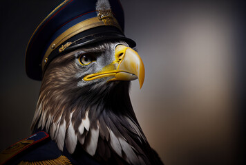 Fototapeta premium Portrait of an eagle in a military uniform ready to serve and protect, on a dark background, generative ai