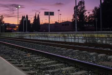 Fototapeta premium View of tracks at the train station in Ronda at night