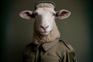 Portrait of a sheep in a military uniform ready to serve and protect, on a dark background, generative ai