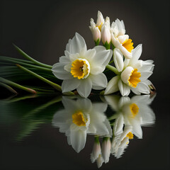 white and yellow narcisses, flowers laying down