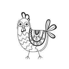 Cute chicken. Hand drawn bird in cartoon style. Line art doodle. Detailed ornamented illustration, with beautiful decorations for coloring book. Vector isolated.