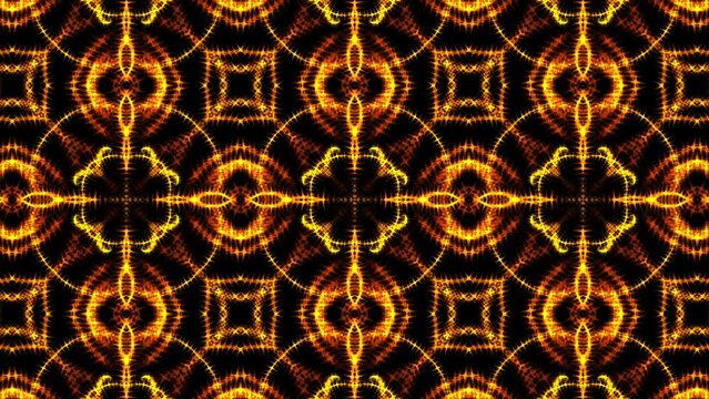 Hypnotic kaleidoscope floral pattern. Dynamic energetic background. Golden ornaments. Loop.
