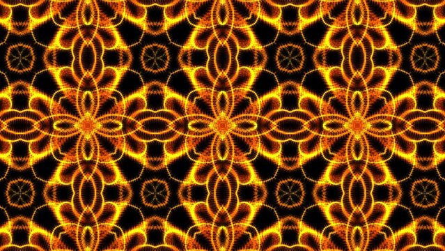 Hypnotic kaleidoscope floral pattern. Dynamic energetic background. Golden ornaments. Loop. 29,97fps