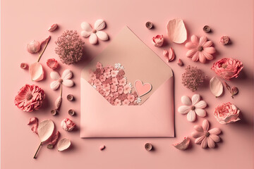 Valentine's Day Concept Background featuring Pink Flowers, an Envelope, and Hearts on a Pastel Pink Background. Perfect for Flat Lay and Top View Photography with Copy Space for Your Text