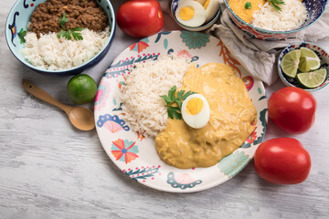 Aji de gallina Peru traditional comfort food buffet table