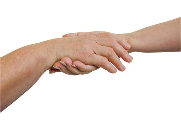 Hand of young woman holding hand of old woman isolated on transparent background.