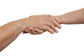 Hand of young woman holding hand of old woman isolated on transparent background.