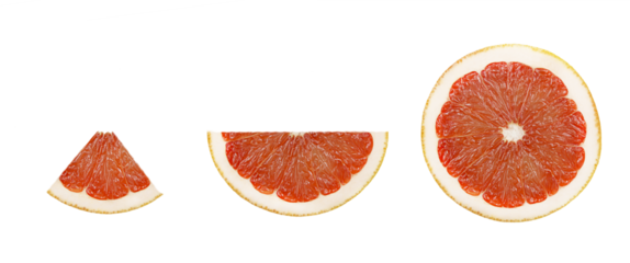 Set of different slices of red grapefruit isolated on a white background.